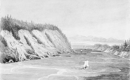 Two sailboats passing a tall bluff on the river