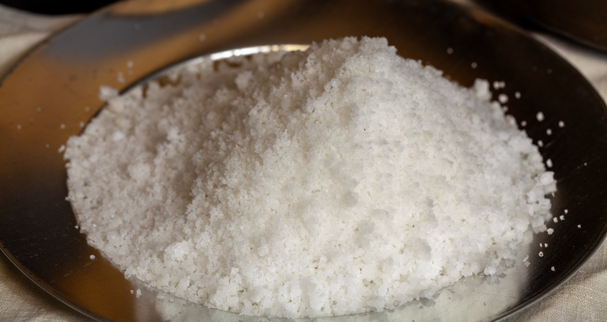 A pile of chunky, white salt crystals