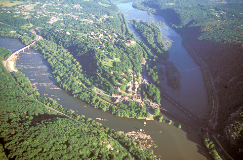 Aerial view of Harpers Ferry wedged between two rivers