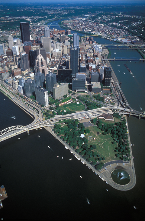 Aerial view of modern Pittsburgh at the point of land where two rivers meet