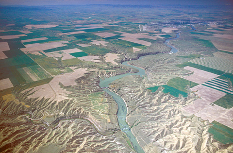 aerial photo of the Great Falls valley and Missouri River breaks