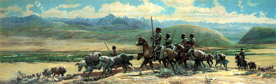 Explorers on horses descending into a broad valley